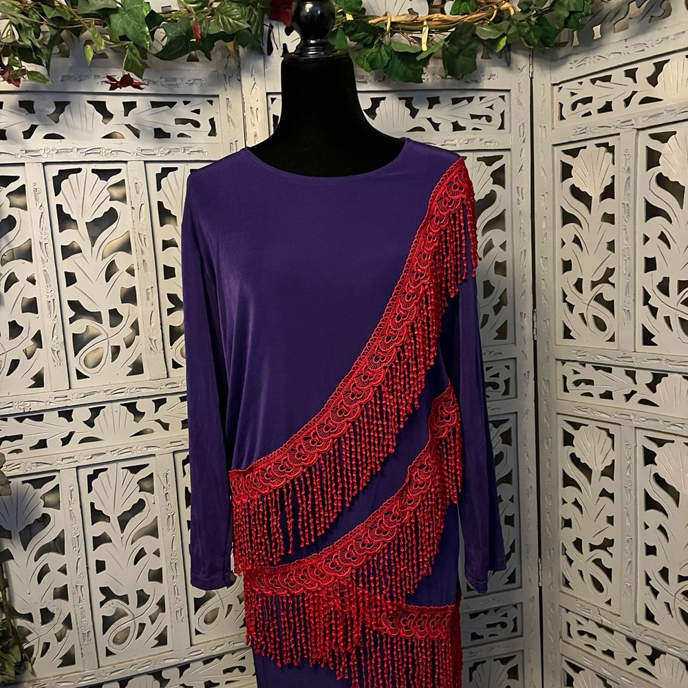 MAXIMA USA VINTAGE gorgeous purple with red fringe 2pc top & skirt maxi dress - Picture 2 of 11